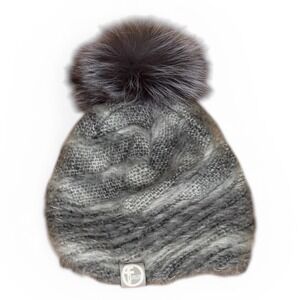 Furlux Grey Cable Knit Beanie Fur Pom Pom Winter Hat One Size EU Made Old Money